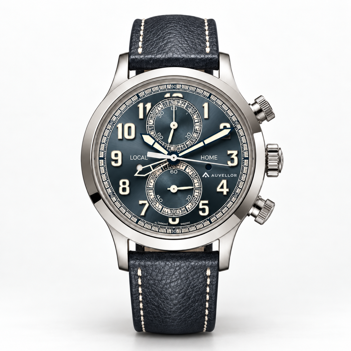 Auvellor Aerovant Dual Time – Grey-Blue Dial — front view on white background