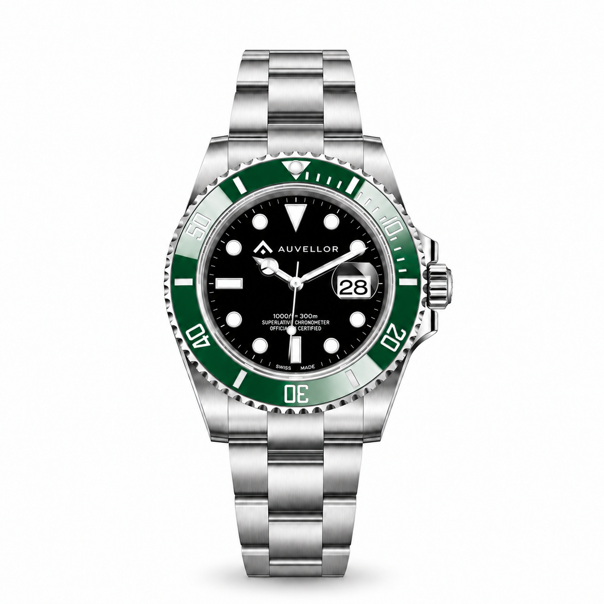 Auvellor Eryndor – Black Dial & Green Bezel — front view on white background
