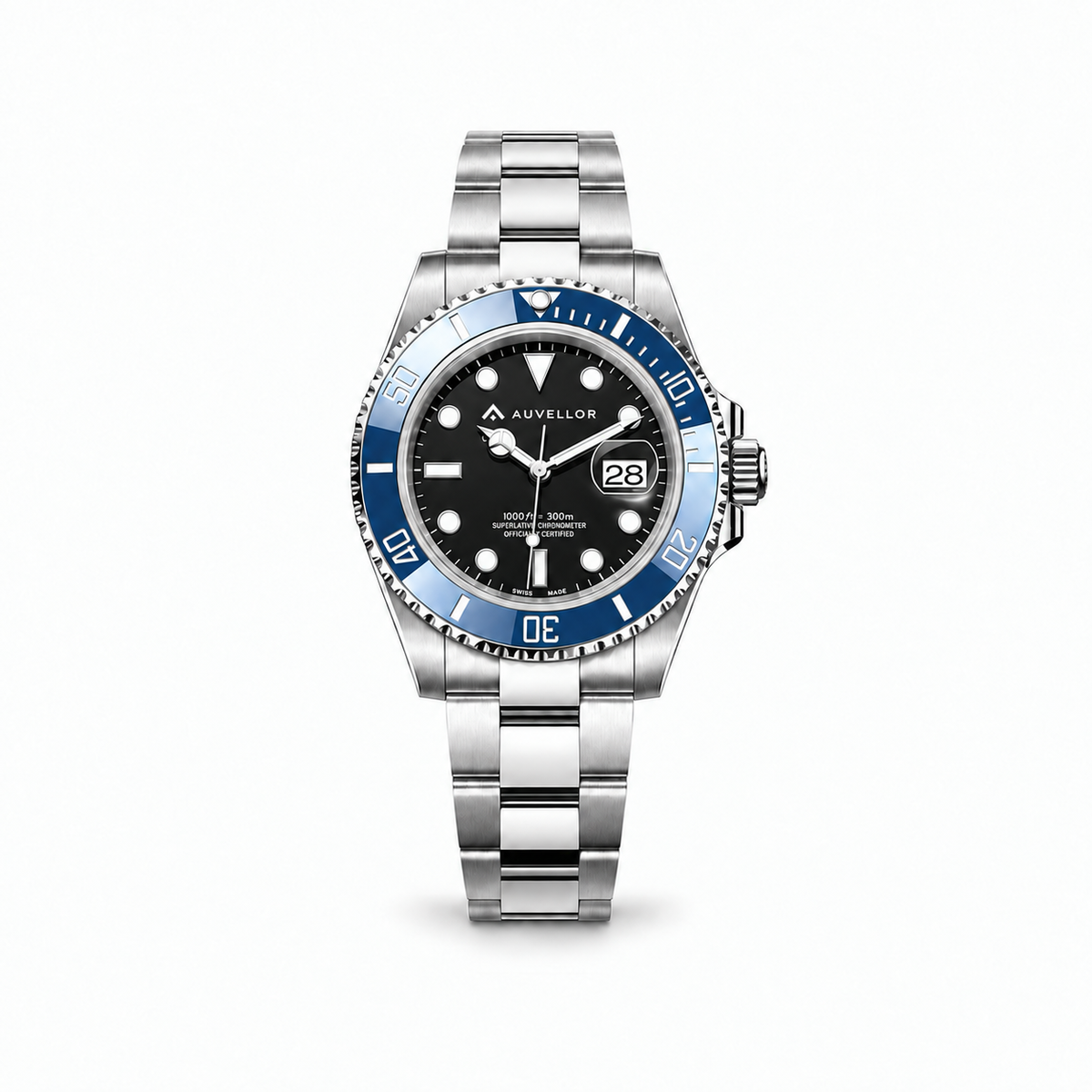 Auvellor Nytheron – Black Dial & Blue Bezel — front view on white background